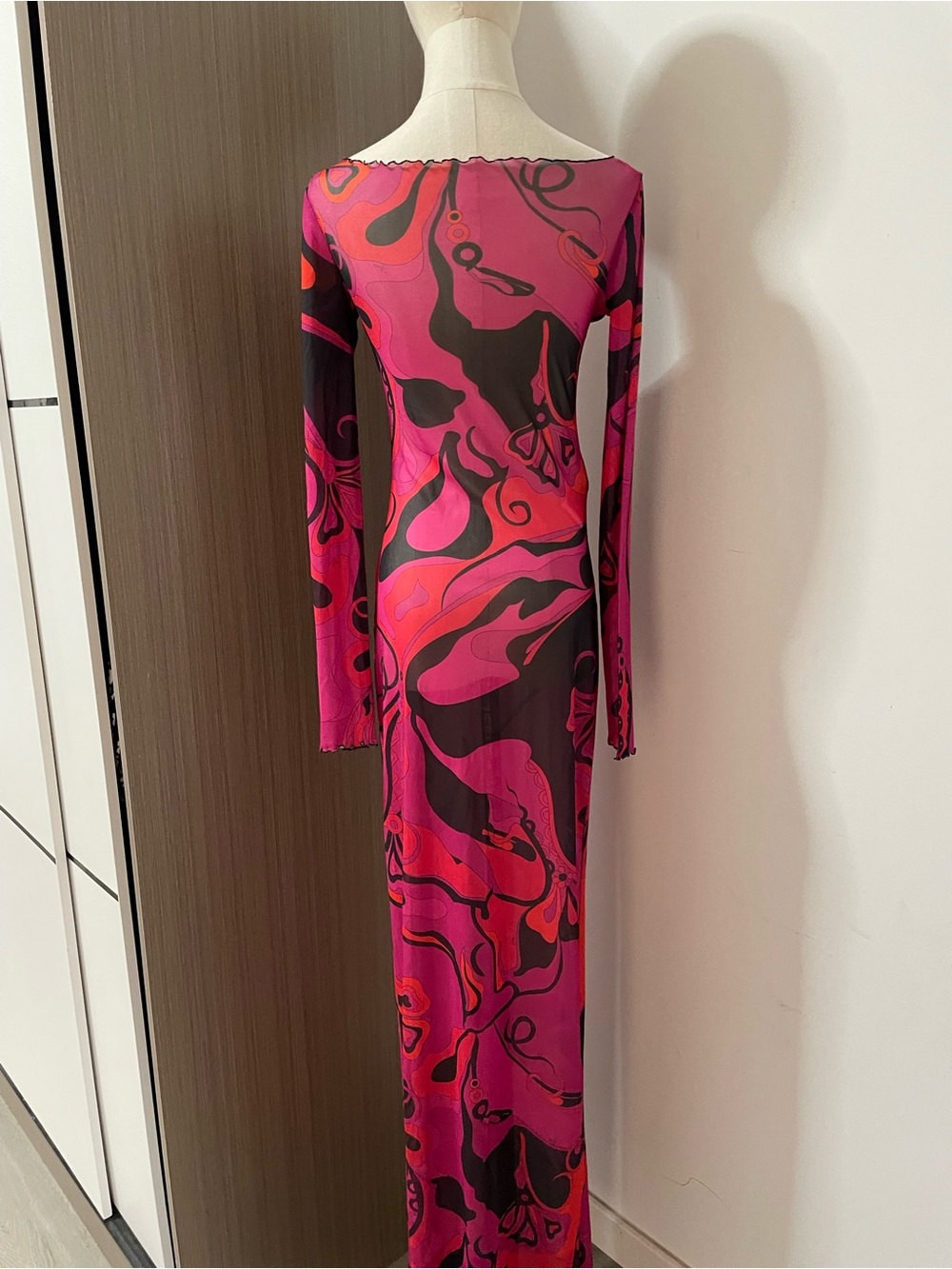 Emilio Pucci Fuchsia, Orange & Black Abstract-Print Long Sleeve Maxi Dress - Picture 4 of 9